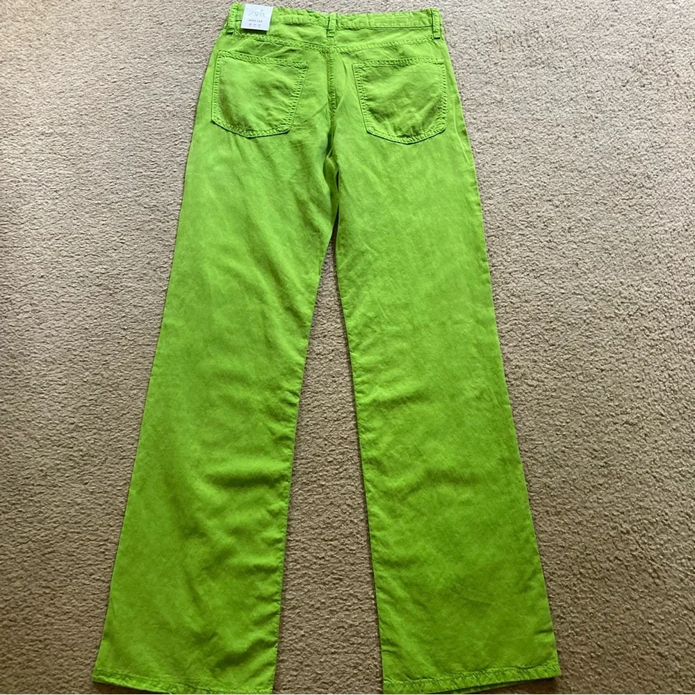 Zara Bright Green Linen Blend Mid Rise Full Length Wide Leg Pants, NWT Sz 4